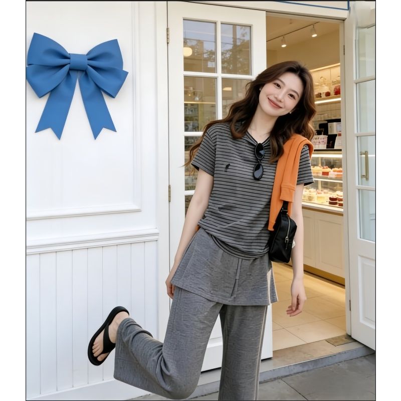 여름 ootd 착용 가져 가라. 세트 여성 회색 고급 센스 스트라이프 라운드 넥 반팔 티셔츠 방귀 커튼 와이드 레그 팬츠 투피스 세트