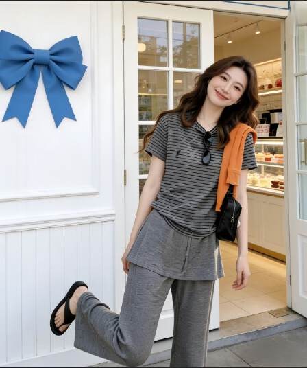 여름 ootd 착용 가져 가라. 세트 여성 회색 고급 센스 스트라이프 라운드 넥 반팔 티셔츠 랩스커트팬츠 와이드 레그 팬츠 투피스 세트