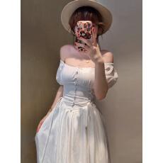 批发法式温柔风高级感交叉系带白色<b class='q'>连衣裙</b>子女夏装显瘦收腰短袖a字裙