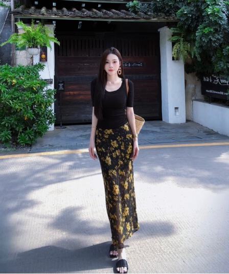 2026 새로운 Tulle 레트로 새로운 중식 타이트 스커트 여름 인어 꼬리 우아한 꽃무늬 여름 하이웨이스트 롱 코트 반 스커트