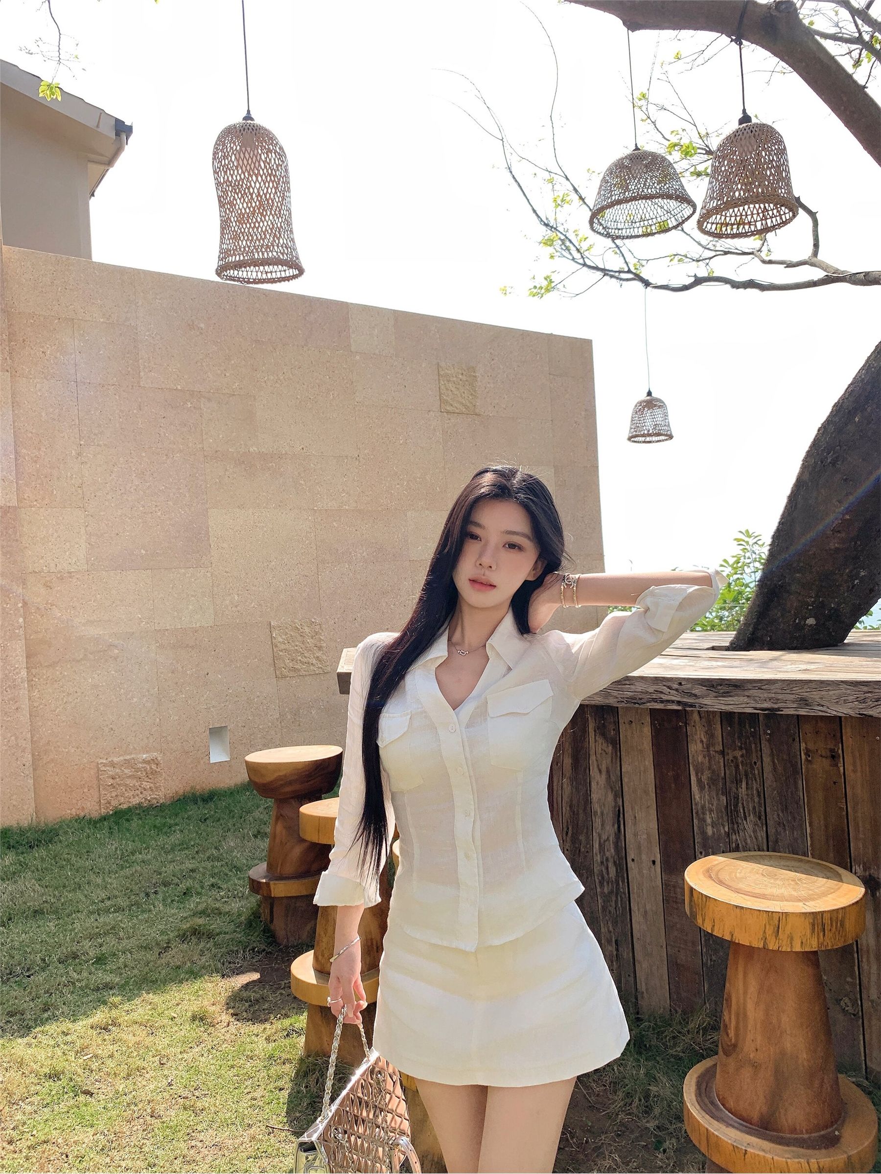 오래된 돈 바람 세트 패션 POLO 칼라 허리 수축 긴팔 셔츠 봄 여름 품격 하이웨이스트 한 마디 미니 스커트 투피스 세트
