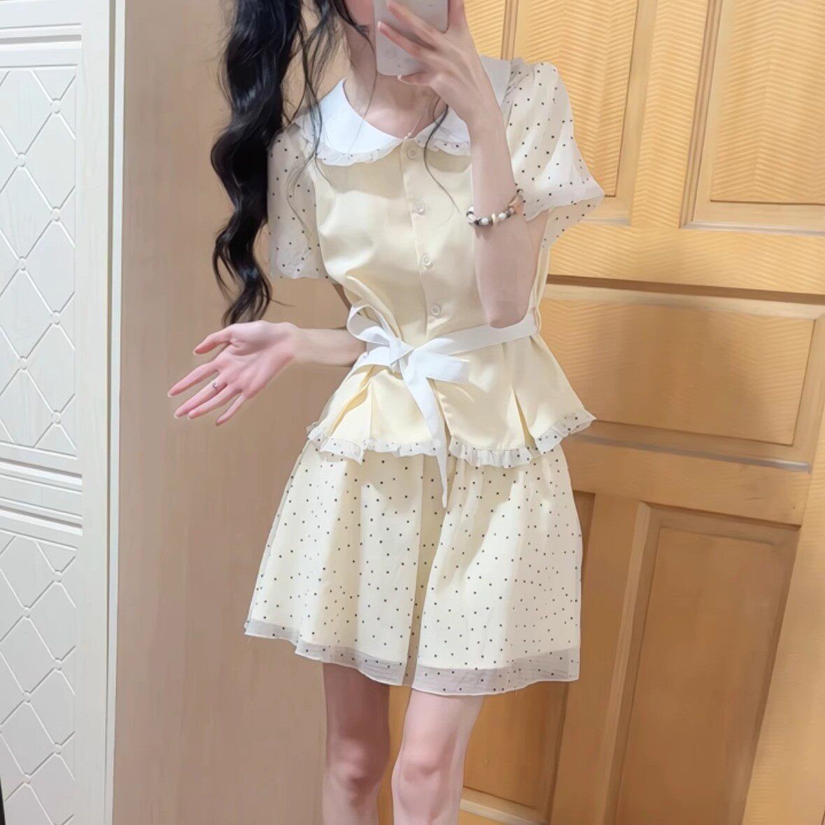 달콤한 자매 학원 스타일 도트 무늬 반신 치마 세트 여성 여름 베이비 칼라 반팔 맨위 케이크 미니 스커트 투피스 세트