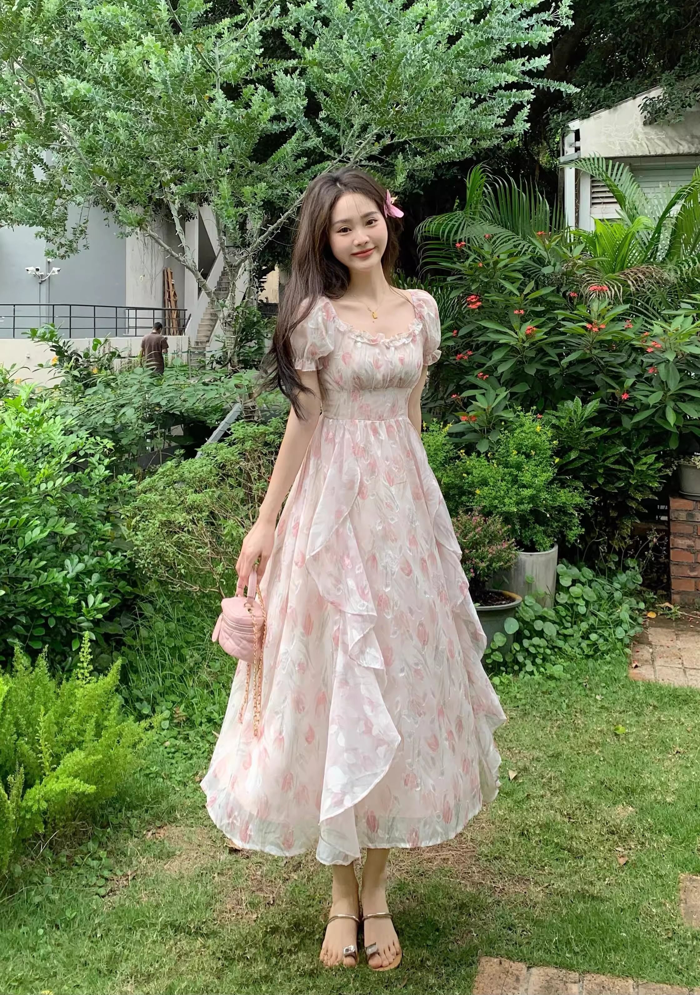 2026 새로운 지방 mm 여름 새로운 그는 벤 바람 관대 한 칼라 프릴 첫사랑 프랑스식 꽃무늬 쉬폰 드레스