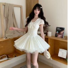 批发【奶油慕斯】夏季甜美显瘦蕾丝小飞袖收腰蝴蝶结连衣裙