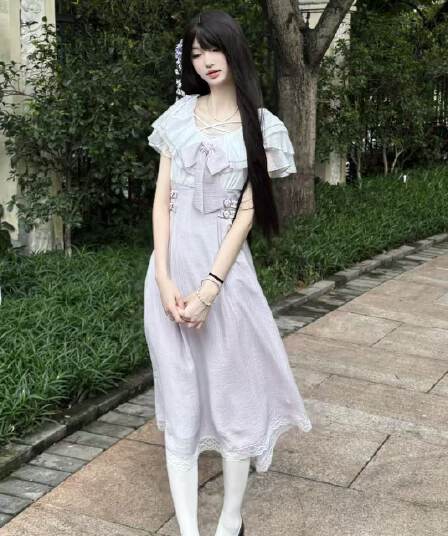 보라색 아이리스 시 여름 달콤함 부드러운 프릴 요정 가스 여성 보라색 오프숄더 롱 스커트 나비 매듭 드레스
