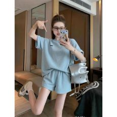 批发蓝色运动风套装女<b class='q'>夏</b>学生韩版宽松显瘦时尚减龄短袖短裤休闲两件套