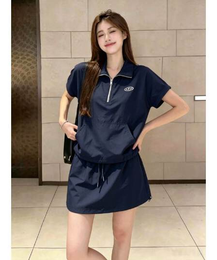 소금 부서 캐주얼 스포츠 슈트 여성 여름 학생 한국 스타일 루즈핏 슬림해 보이는 폴로 칼라 반팔 미니 스커트 투피스 세트 패션