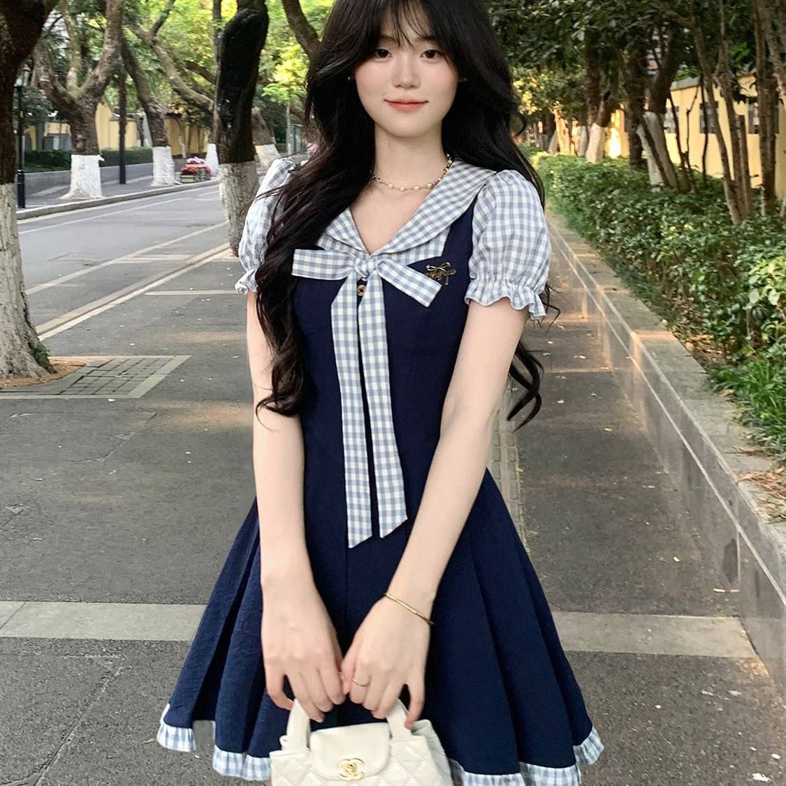 여름 새로운 한 부서 학원 스타일 패션 연령 감소 디자인 나비 매듭 페이크 레이어드 드레스 여자 학생 A라인 스커트