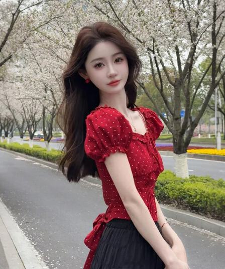 빨간색 도트 무늬 광장 칼라 버블 반팔 티셔츠 여성 여름 아름다운 순수한 욕망 달콤한 매운맛 바람 쇼트 스타일 몸매 가꾸기 작은 셔츠 맨위
