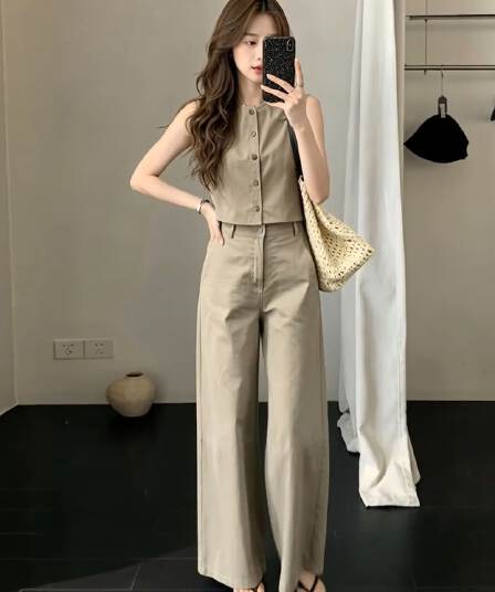 자이언트 잘 생긴 ootd 착용 가져 가라. 전체 집합 여름 새로운 민소매 맨위 캐주얼 루즈핏 와이드 팬츠 투피스 슈트 여성