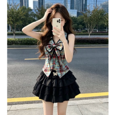 批发法式纯欲蝴蝶结格纹上衣蛋糕裙两件套女夏季小个子显瘦设计感<b class='q'>套装</b>