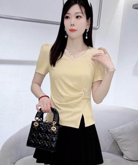 40 92 면 반팔 티셔츠 여름 새로운 패션 품격 허리 수축 슬림해 보이는 다용도 연령 감소 작은 키 맨위