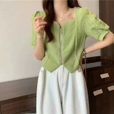 批发法式锁骨方领拉链衬衫短袖t恤小衫2026夏<b class='q'>韩版</b>上衣泡泡袖短款衬衫