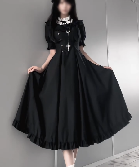 일본식 빛 lo 일상 새싹 서비스 cla 부서 lolita 롱 스커트 검정색 허리 수축 우아함 드레스 반팔 빅 플레어 스커트