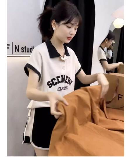 유럽 상품 패션 운동복 세트 여성 여름 학생 한국 스타일 루즈핏 POLO 셔츠 반팔 반바지 캐주얼 투피스 세트