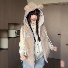 批发TOM潮 可爱甜妹风秋冬无袖马甲小熊耳朵连帽外套氛围感羔羔毛减龄