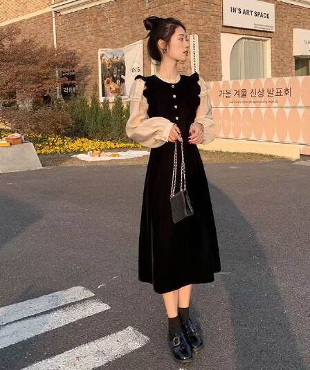 금사 벨벳 드레스 여성 의류 봄 프랑스식 작은 샤넬 스타일 작은 키 패치워크 명문 여성 레이스 품격 롱 스커트 아이들
