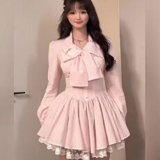 批发甜美纯欲秋季蕾丝花边蝴蝶结高级感长袖蓝色收腰显瘦蓬蓬<b class='q'>连衣裙</b>女