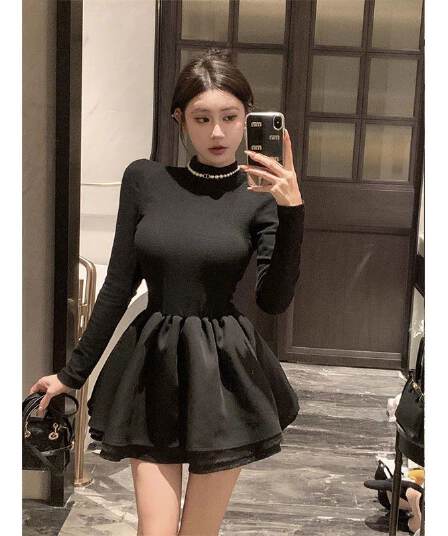 260 그램 사람들 면 리브 3층 치마 천 금빛 바람 품격 작은 검은 드레스 공주 새로운 코트 퍼프 스커트