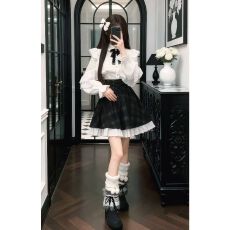 批发日系清楚系甜美<b class='q'>套装</b>裙女早春季蕾丝花边长袖衬衫+格纹半裙两件套