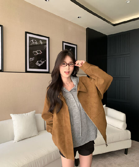 아름다움 라드. 레트로 모방 스웨이드 원단 긴팔 여성 코트 2025 가을 새로운 루즈핏 폴로 칼라 캐주얼 오토바이 재킷