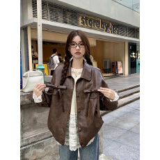 批发美式复古pu皮衣外套女2025<b class='q'>秋</b>季小个子宽松显瘦机车服短款夹克上衣