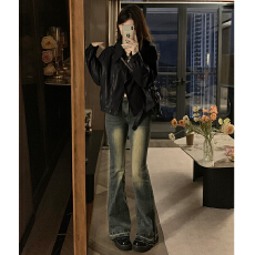 批发美式复古pu皮衣外套女2024<b class='q'>秋</b>季小个子宽松显瘦机车服短款夹克上衣