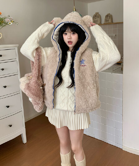 실사 귀여운 작은 곰 귀 후드 베스트 여성 코트 가을 겨울 새로운 루즈핏 슬림해 보이는 작은 키 민소매 조끼