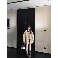 批发Skk Store 高智巴恩风 卡其色风衣撞色格纹拼接短款宽松外套女秋