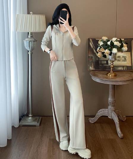 패션 캐주얼 세트 여성 이른 가을 배색 패치워크 후드 오픈 가디건 후드티 와이드 레그 팬츠 투피스 세트 트렌디 890