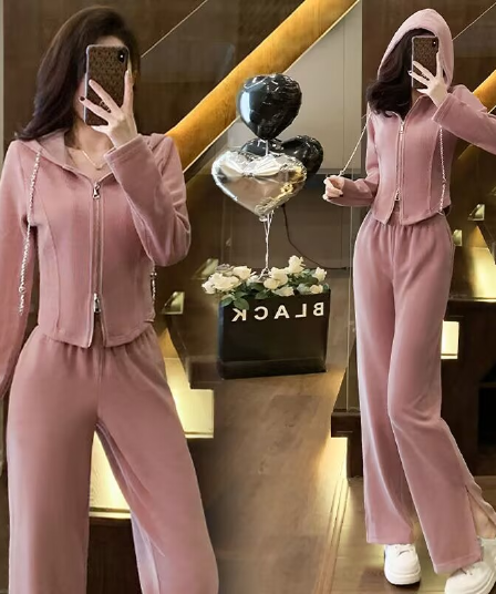 캐주얼 세트 여성 이른 가을 2026 새로운 핑크색 소금 부서 연령 감소 품격 후드티 웨이 바지 투피스 세트 882