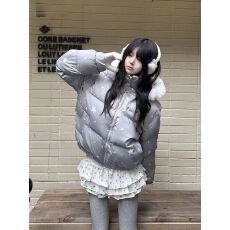 批发咖喱人冬季可爱星星印花毛领连帽棉服外套女新款加厚保暖上衣学生