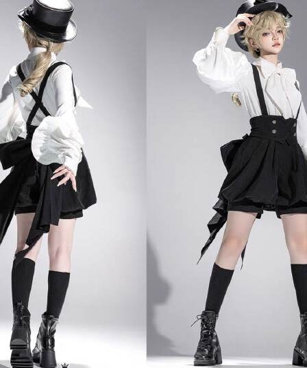 레트로 우아함 다크 귀여운 lolita 프린스 셔츠 반바지 세트 투피스 세트 학원 스타일 멜빵 스커트