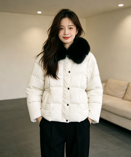 큰 모피 칼라 품격 폴로 칼라 허리 수축 슬림해 보이는 작은 키 연령 감소 면 의류 여성 코트 두꺼운 보온 루즈핏 빅 사이즈 트렌디