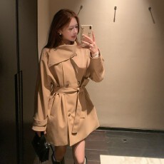 批发风衣外套女围脖领气质收腰外套落肩袖短款2026秋季小个子风衣大衣