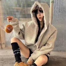 批发条纹廓形毛领2026冬新款羽绒棉服新款男女同款座山雕女宽松外套
