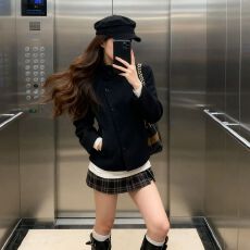 批发学院风斜边单排扣百搭显瘦呢子外套女夹棉冬季新款小个子毛呢大衣
