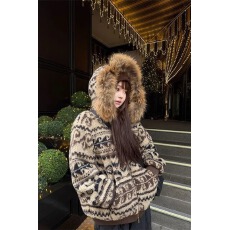 批发费尔岛加绒提花毛领棉服女2026冬季新款保暖宽松连帽短款棉衣外套