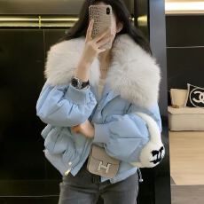 批发学院拼接短款羽绒棉服女仿狐狸毛领宽松加厚小个子<b class='q'>韩版</b>面包服外套
