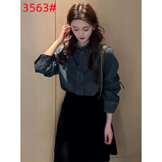 批发老钱港风时尚气质木耳领褶皱水洗<b class='q'>牛仔</b><b class='q'>衬衫</b>