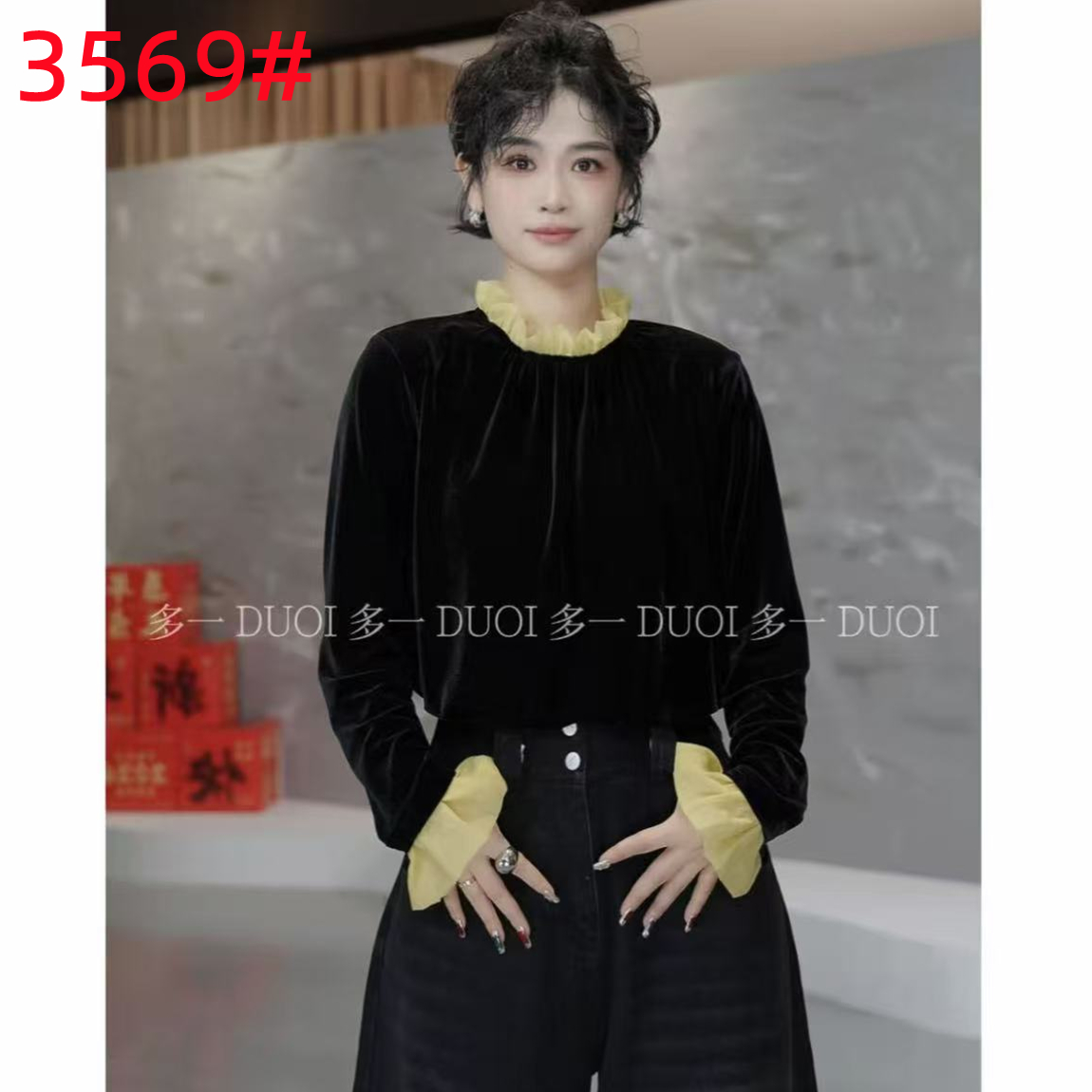 봄 岚 실크 언어 2026 봄 벨벳 배색 레이스 패치워크 긴 소매 티셔츠 소매 슬림해 보이는 표지 고기 맨위