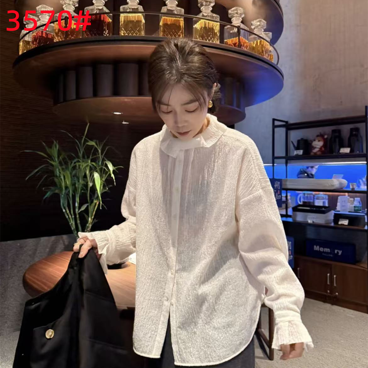 셔츠 단색 스탠드 칼라 화이트 양모 셔츠 긴팔 레트로 가을 의상 패션 봄