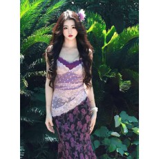 批发NSSY辣妹碎花包臀紫色<b class='q'>连衣裙</b>女初秋海边度假掐腰<b class='q'>吊带</b>长裙两件套