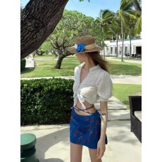 批发法式提花绑带小衫白色短袖衬衫上衣蓝色碎花半身裙A字裙套装女