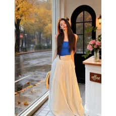 批发假日出游度假风超仙白色半身裙A字大摆长裙克莱因蓝吊带抹胸套装