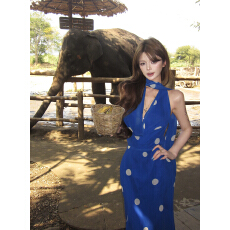 法式低胸荡领波点挂脖裙大露背性感辣妹蓝色party晚礼服度假裙