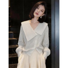 批发法式轻熟风V领不对称<b class='q'>条纹</b><b class='q'>衬衫</b>女2026春季新款通勤百搭显瘦上衣潮