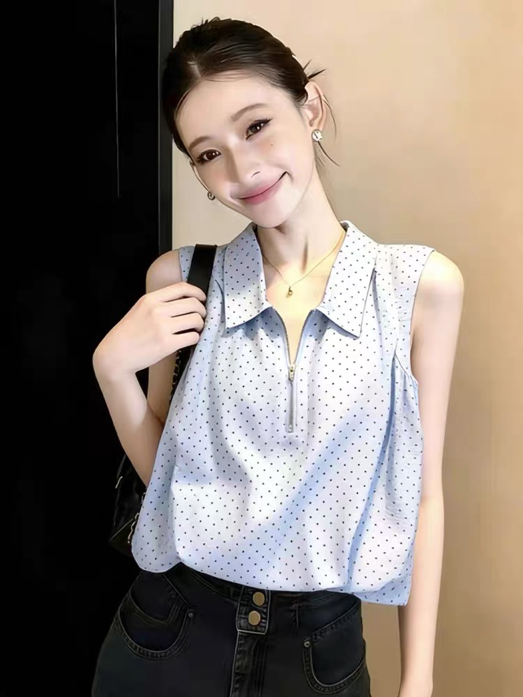 프랑스식 작은 폴로 칼라 도트 무늬 민소매 다용도 맨위 여성 봄 여름 캐주얼 루즈핏 슬림해 보이는 디자인 센스 품격 셔츠