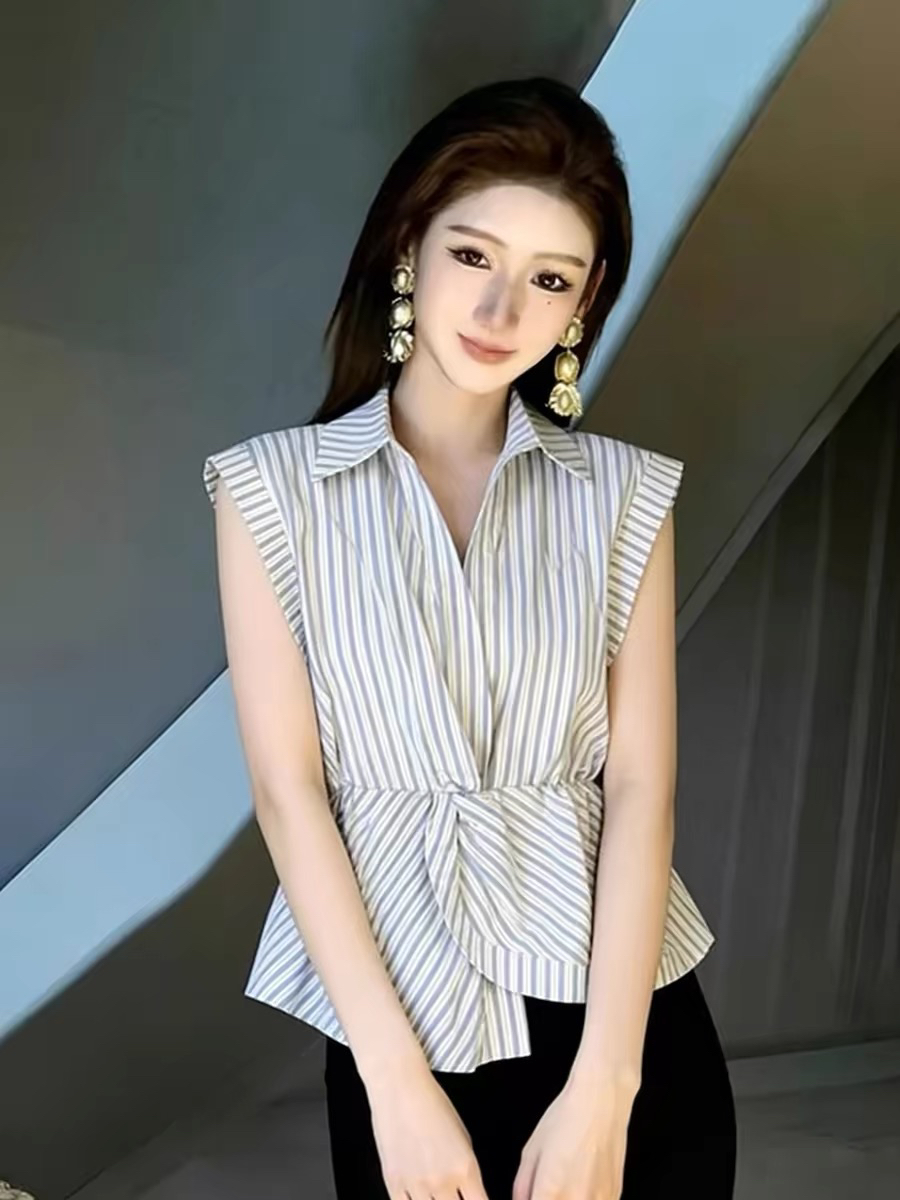 작은 대중 우아함 chic 스트라이프 POLO 칼라 Feifei 소매 여성 셔츠 여름 섹션 캐주얼 출퇴근 다용도 외국 가스 셔츠