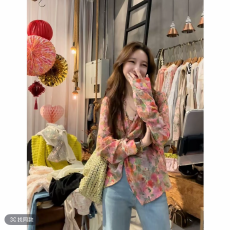 批发素拉那里 定制法式复古设计感碎花提花收腰防晒衬衣衬衫